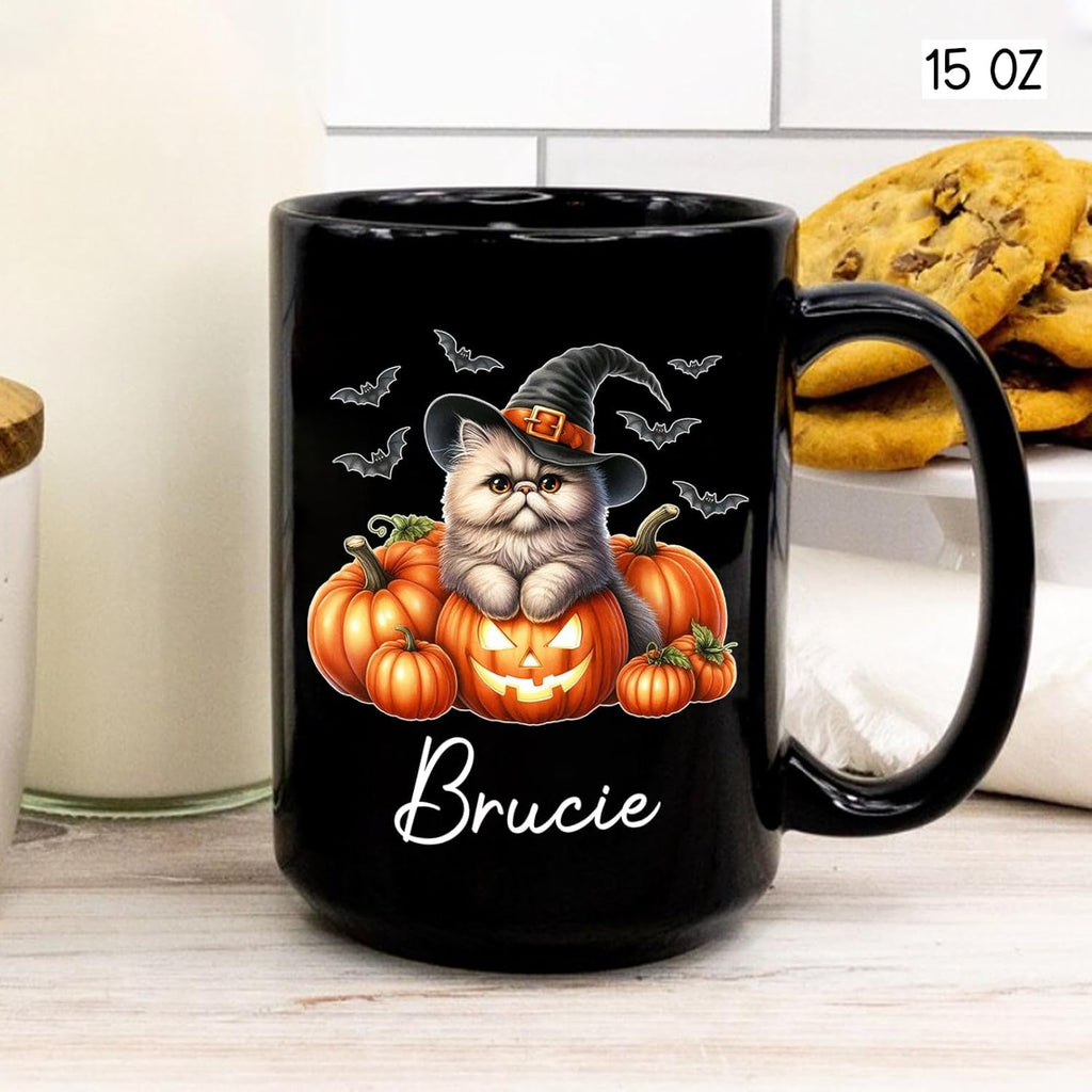 Personalized Persian Wearing Witch Hat Black Cup with Name, Customized Halloween Persian Coffee Mugs, Spooky Cat and Pumpkins Ceramic Cup 11oz 15oz, Halloween Mug Gift for Cat Lover Pet Owner