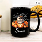 Personalized Persian Wearing Witch Hat Black Cup with Name, Customized Halloween Persian Coffee Mugs, Spooky Cat and Pumpkins Ceramic Cup 11oz 15oz, Halloween Mug Gift for Cat Lover Pet Owner