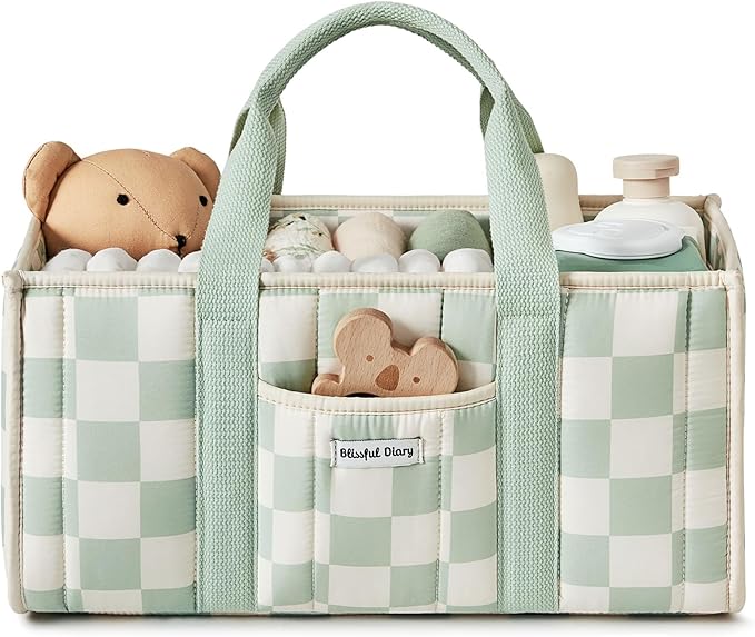 Blissful Diary Checkered Diaper Caddy Organizer, Stylish Nursery Storage Basket, Gift for Baby Shower, Newborn Essentials, Registry Search Must Haves, Sage Green