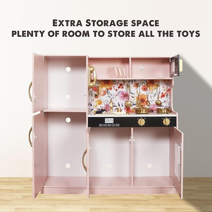 Wooden Play Kitchen Toy Set with Light, Kids Children Pretend Toy Kitchen Playset, Sink Play Toy Oven with Microwave,Toddler Cooking Set Toy for Ages 3+Baby Girls Boys (Pink)