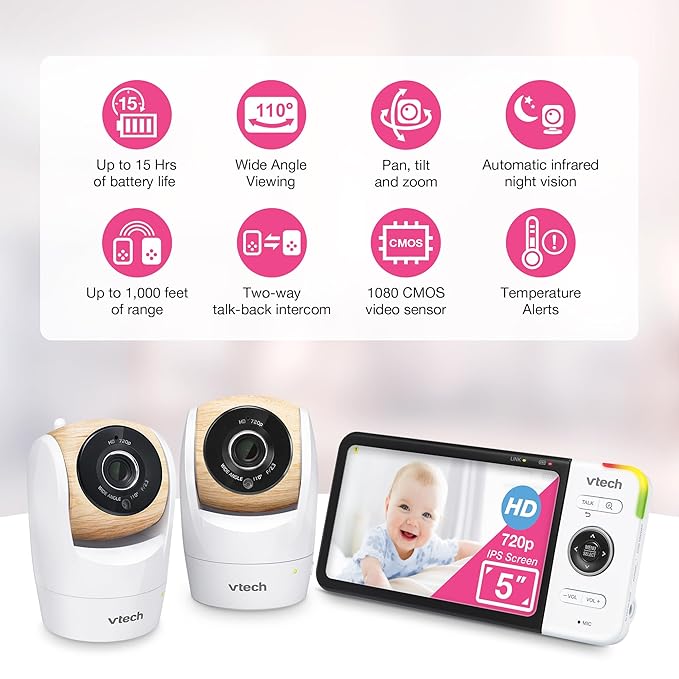VTech VM928-2HD 5” 720p HD Display 2 Cameras Baby Monitor,110 Wide Angle View,Remote Pan-Tilt-Zoom,Night Vision,Up to 1000ft Range,Temperature Sensor,9 Soothing Sounds & Lullabies,2-Way Talk,No WiFi