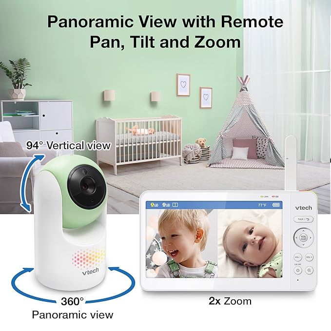 VTech 2-Cameras Video Baby Monitor with 7" Color LCD Screen, Rechargeable Battery, Video and Audio Streaming, Pan-Tilt-Zoom, Touch Multi-Color Night Light, Two-Way Talk: Advanced Max Twin (Green)