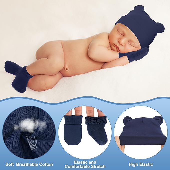 Cuffbow 4 Pcs Preemie Hats Mittens and Socks Set Preemie Mittens Warm Terry Socks for Baby