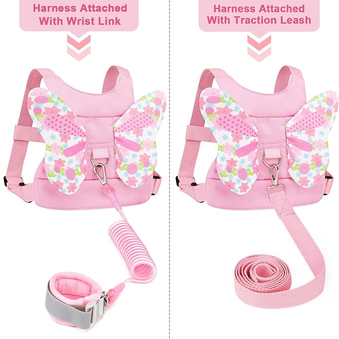 Accmor Toddler Harness Leash + Anti Lost Wrist Link, 2 Pack Cute Kids Butterfly Harness Leashes, Adorable Baby Leash Walking Assistant Wristband Strap Tether for Girls Outdoor (Pink + Purple)