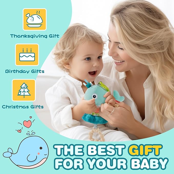 Jollybaby Baby Musical Pull String Hanging Toy for Stroller Car Seat Crib Play Gym, Plush Stuffed Whale Toy for Carseat with Music Teether Crinkle Paper, Sensory Toy for 0-6-12-18 Months Baby Gift