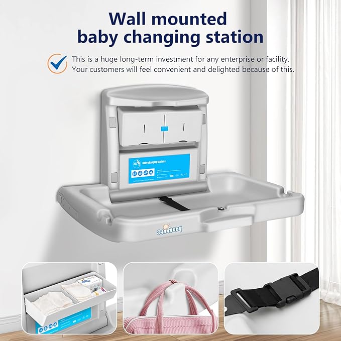 Commercial Baby Changing Station,Wall Mounted Baby Changing Station with Safety Strap,Wall Mounted Changing Table for Commercial Bathroom, Baby Changing Station That Makes Every Mother Happy