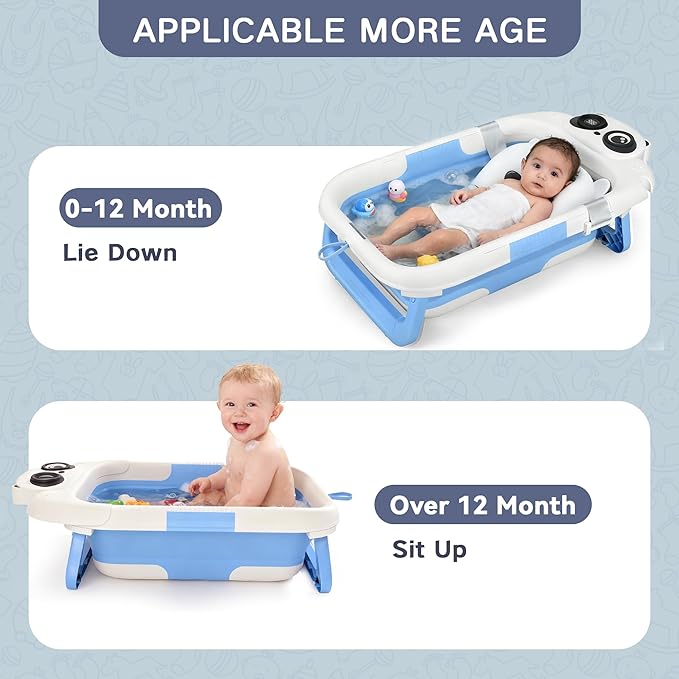 Collapsible Baby Bathtub for Newborn to Toddler (0-24 Months), Portable Baby Bath Tub for Travel, Newborn Bathtub with Soft and Supportive Cushion (Panda-Blue)
