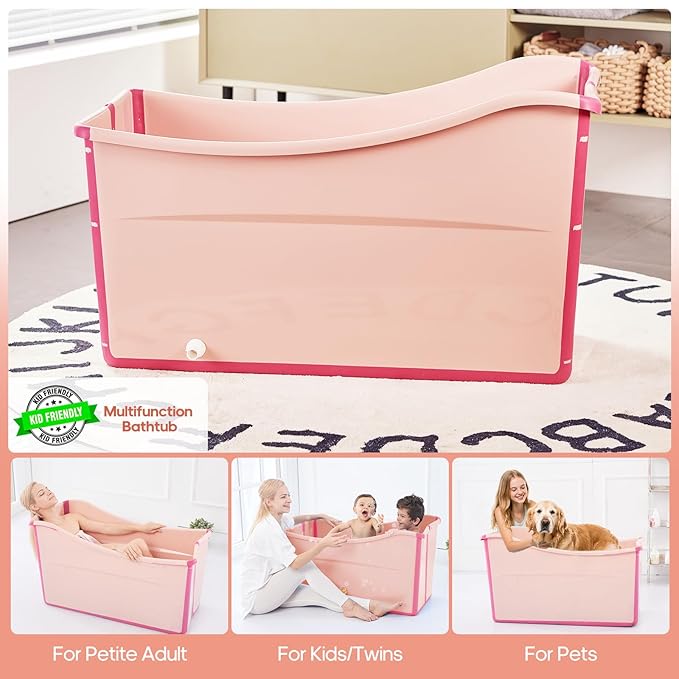 Collapsible Baby Bathtub Foldable Bathtub for Toddler Portable Large Foldable Bath Tub Bathtub for Kids Petite with Thermometer and Storage Basket (Pink)