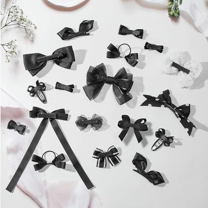 18pcs black hair bows for girls.Black bow with alligator clips,hair ties,snap clip hairpins.Handmade hair accessories for girls gift set