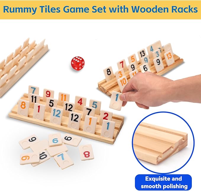 Upgraded Rummy Cube Game Set 4 Players with 4 Wooden Holders and 108 Rummy Melamine Tiles, Travel Family Board Game for Adults and Kids