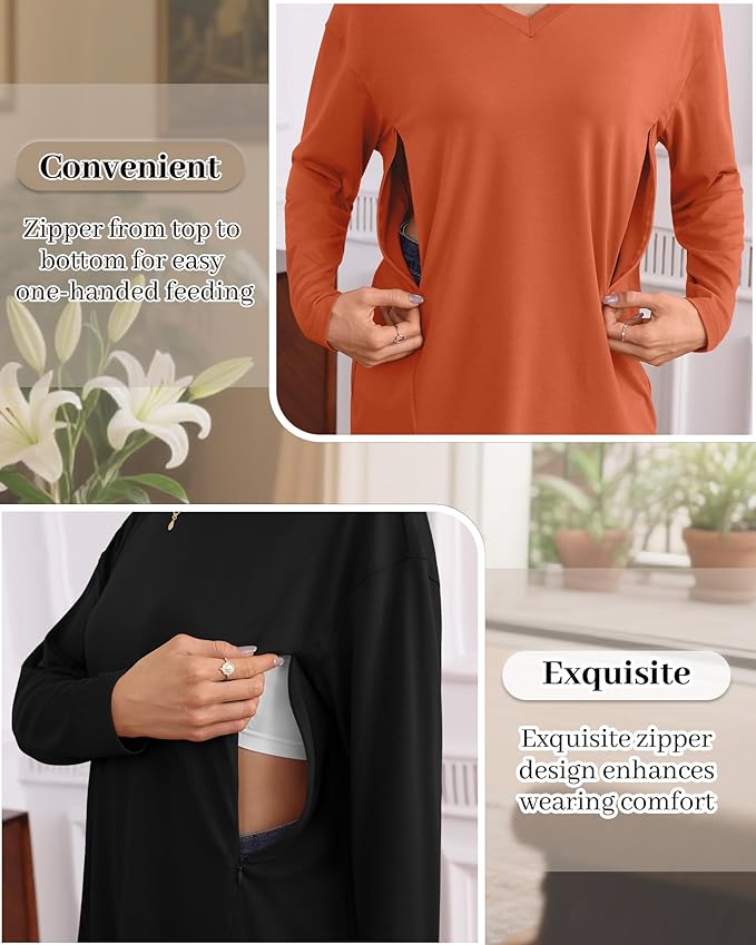 3 Pack Women's Oversize Nursing Shirts for Breastfeeding with Hidden Zippers Loose Fit Long Sleeve Maternity Tops