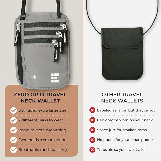 Neck Wallet for Travel & Passport Holder with RFID Blocking - Slim & Easy to Conceal Nylon Travel Pouch for men & women - Holds Phone, Cash, Cards, Keys - Sweat & Water Resistant - X-Large- Light Grey