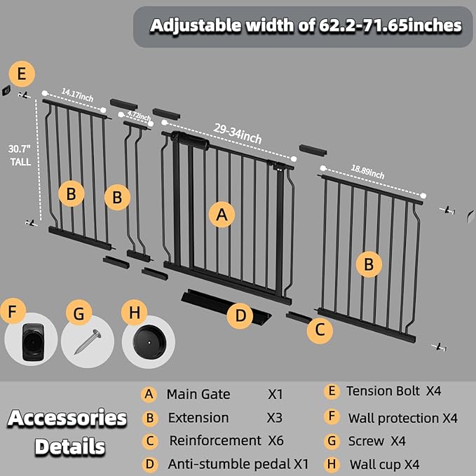 TSAYAWA 62.2"-71.65" Extra Wide Auto Closing Baby Safety Gate for Stairs & Doorways, Pressure Mounted No Drill Pet Gate with Walk-Through Door - Heavy Duty Childproof Gate for Toddlers, Kids, Dogs
