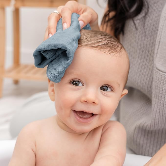 Comfy Cubs Muslin Baby Washcloths 6 Pack - Soft 6-Layer Cotton Wash Cloths for Sensitive Skin - 10"x10" Large, Gentle, Absorbent Infant Essentials for Newborn and Toddlers - Pacific Blue