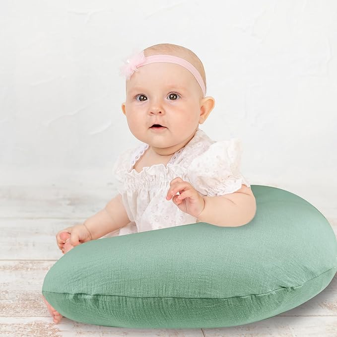 Hooyax Muslin Nursing Pillow Covers 2 Pack, Soft and Breathable Nursing Covers for Breastfeeding Pillows, Adorable Infant Feeding Pillow slipcover for Baby Boy and Girls (Green Gray)