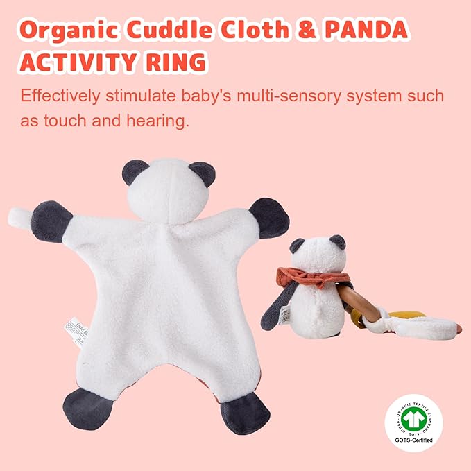 Organic Cotton Stuffed Animal Rattle Baby Toys, Organic Panda Cuddle Cloth & Organic Panda Activity Ring Plush Toy Set for Newborns Infant Boys Girls, 2 PCS