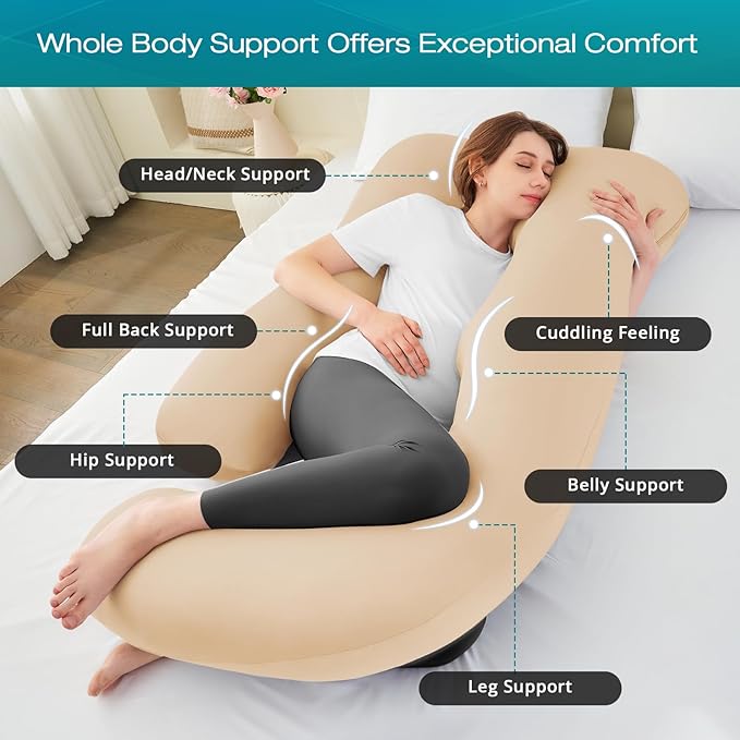 Sasttie Pregnancy Pillows for Sleeping, U Shaped Cooling Full Body Pillow with Removable Cover, Pregnant Women Must Haves, Maternity Essential, Beige
