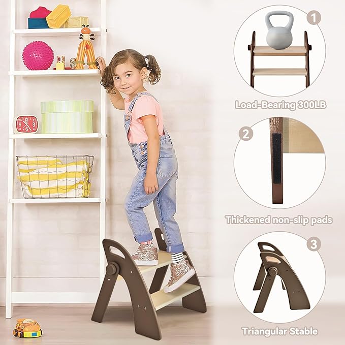 Wooden 2 Step Stool for Kids Bathroom Sink Foldable Anti-Slip 2-Step for Toilet Potty Training, Child Stepping Stool for Kitchen Nursery Bedroom, Sturdy Non Slip Adult Stool for Closet Brown