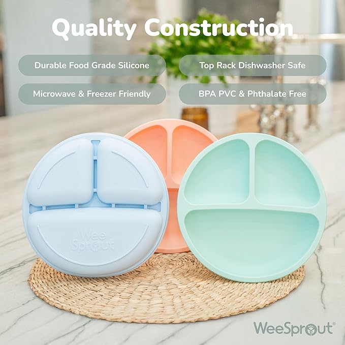 WeeSprout Silicone Divided Plates (No Lids), 100% Food Grade Silicone Divided Plates for Toddlers & Kids, Dishwasher & Microwave Safe