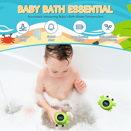 b&h Baby Bath Thermometer with LED Display, Newborn Water Temp Thermometer, Safety Water Sensor for Infants, Color-Coded Alerts, Tub Temperature Monitor, Cute Floating Bath Toy, Crab (Green)