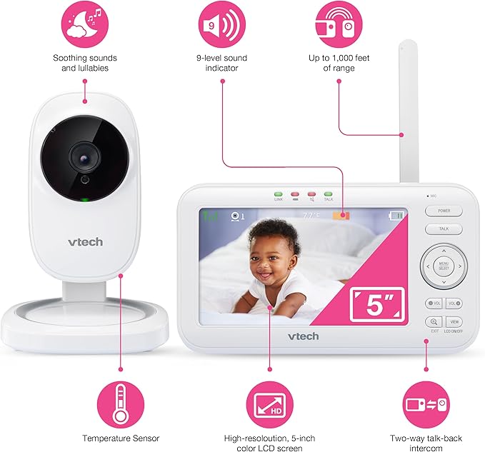 VTech VM5251 5” Digital Video Baby Monitor with Full-Color and Automatic Night Vision, White 5 inch