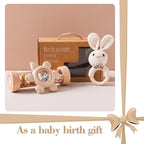 Youuys Wooden Baby Rattle Set (3pcs) - Crochet Rattle Rain Stick Teething Toys, Wooden Montessori Toy for Newborn Infant Baby Rattles Set Toys 3-6-12 Months (Bunny)