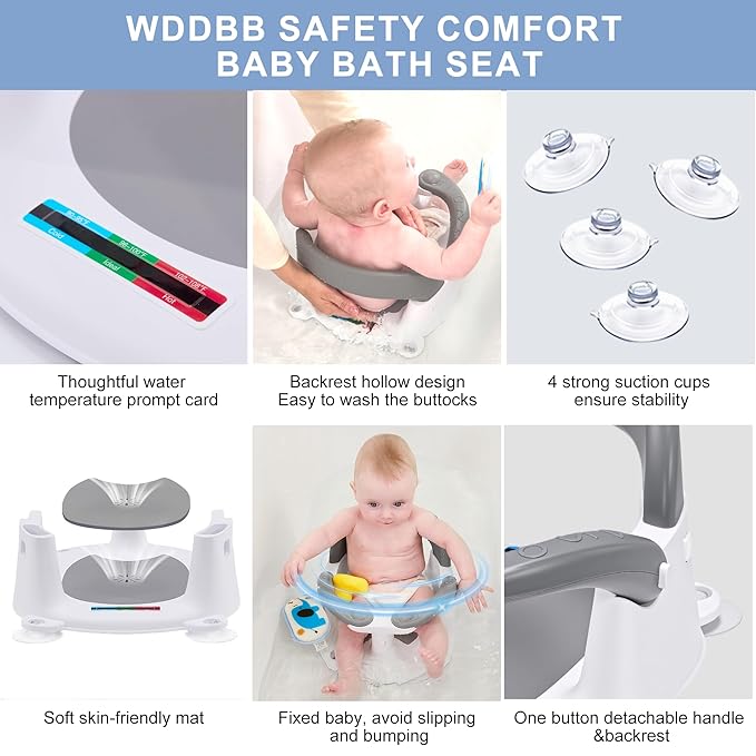 Baby Bath seat for Babies 6 Months & up, 360° Stable Toddler Bath Chair with one-Touch Button, Back Hollow Design, Water Temperature Card & 4 Suction Cups for Safety (Blue)