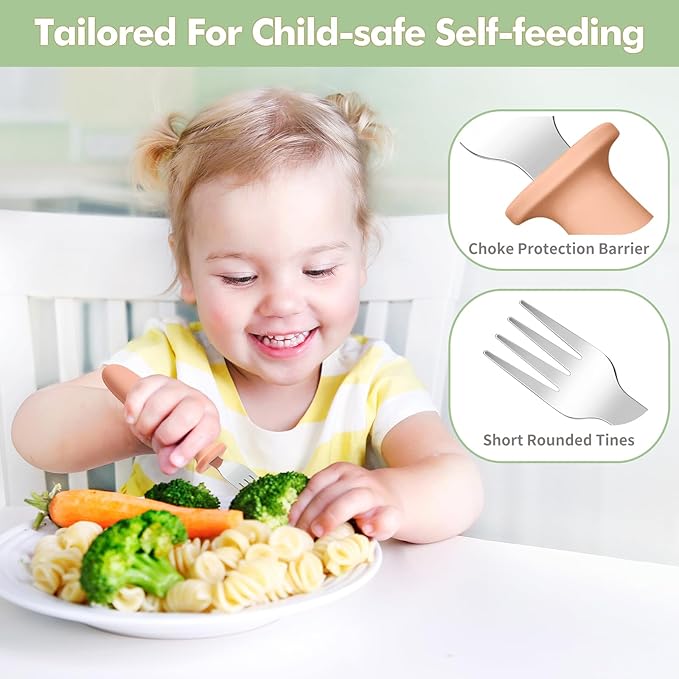 DRKIO 8 Pieces Toddler Forks Set - Baby Forks with Silicone Handle Children safe 18/8 Stainless Steel Toddler Utensils Set for Self Feeding Kids Silverware Anti-Choke Design Food Grade Dishwasher Safe