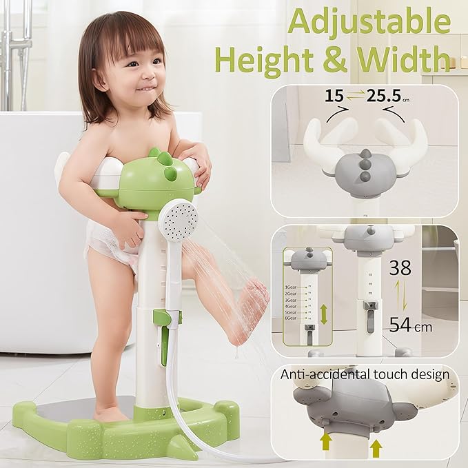 Baby Shower Stand, Baby Standing Bath with Anti-Pinch Adjustable Height and Armrest, Shower Standing Support with Anti-Slip Base and Mat for Infants 6-36 Months -Grey