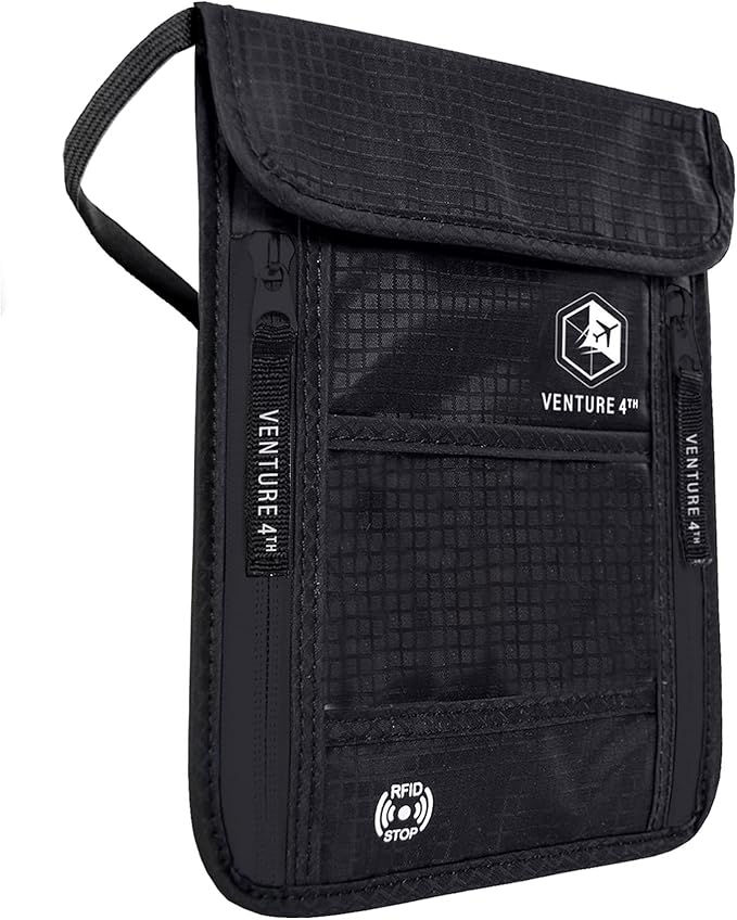VENTURE 4TH Passport Holder Neck Wallet with RFID Blocking Nylon Lining - Hidden Neck Pouch for Travel (Pure Black)