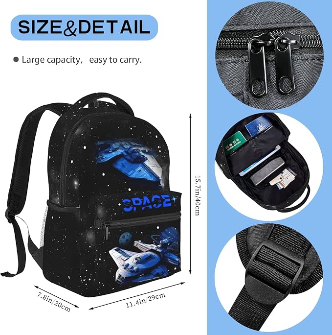 Space Planet Spaceship Backpack For Kids School Boys Girls Astronaut Planet Galaxy Lightweight Waterproof Ergonomic Bacakpack For Age 5-6 6-8 8-12 School Book Bag Daypack Outdoor Adventure