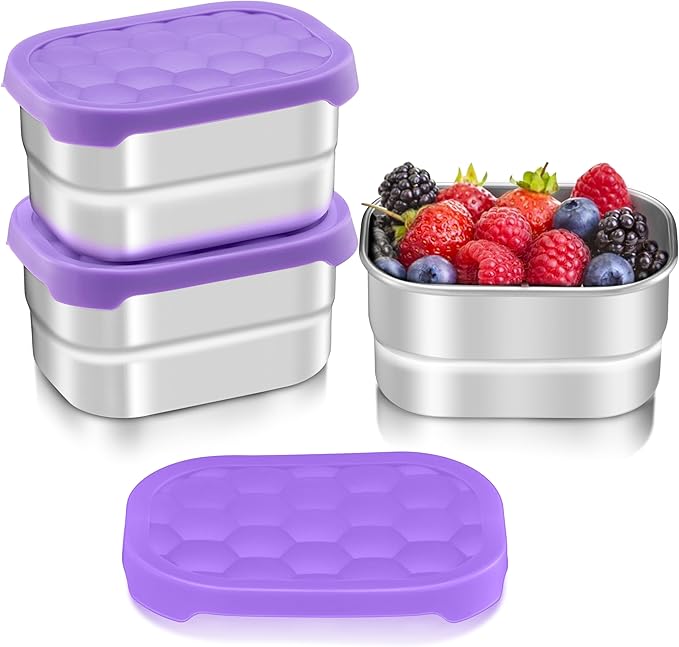 HaWare Stainless Steel Snack Containers for Toddlers and Kids, 8 oz Leak Proof Food Storage Containers with Silicone Lids, Stackable & Reusable Small Metal Lunch Box for Daycare and School- 3 Packs