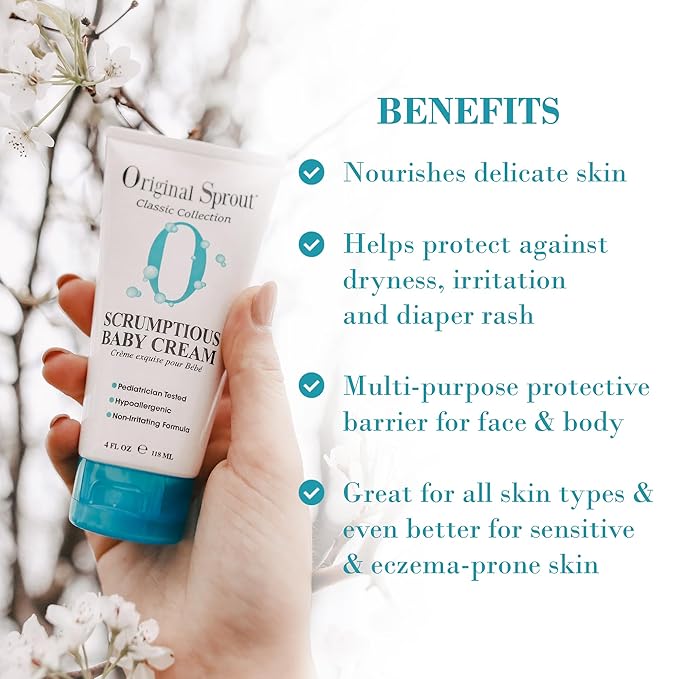 Original Sprout Scrumptious Baby Cream, Gentle Moisturizing Cream for Dry, Sensitive Skin & Diaper Rash, Non-Greasy Baby Lotion with Zinc Oxide & Calendula for Face & Body, 4 fl oz