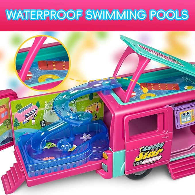Doll Camper Van Playset for Girls,Portable Pretend Doll Car Set for Kid,Colorful Camper Vehicle RV Van with Furniture, Pool & Accessories,Outdoor Transformable Vehicles, Toddler Toys 3+