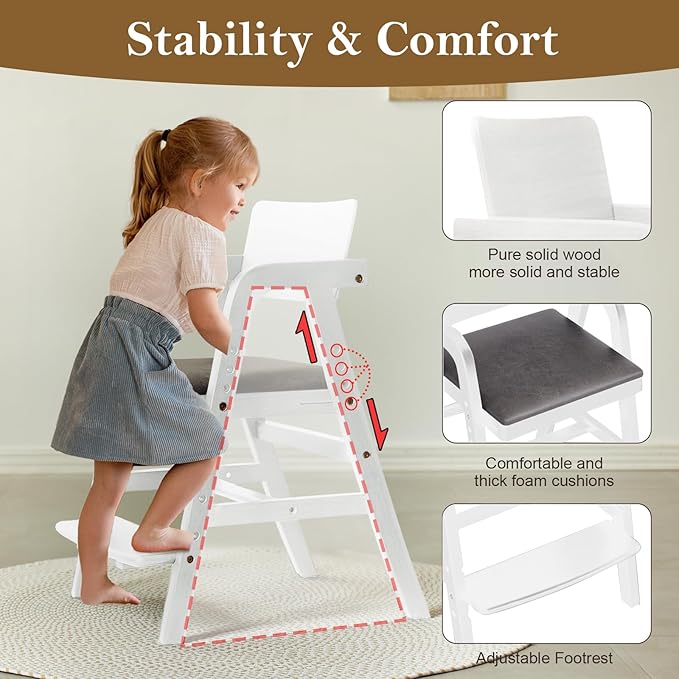 Solid Wood High Chair for Toddlers to Teens, Adjustable Height Toddler Dining Chair, Easy to Clean Toddler Highchair with Removable PU Cushion for Dining, Studying, Step Tool, White