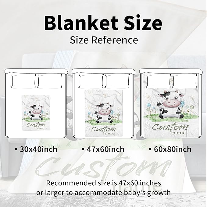 Personalized Baby Blanket for Boys, Custom Name Baby Blanket with Cars, Soft Flannel with Double Layer Dotted Backing, Receiving Swaddle Blankets for Infants and Toddlers, Cow Design