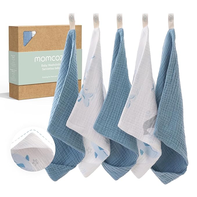 Momcozy Soft & Absorbent Baby Washcloths - 4 Layer Design| Medium Thickness| Premium Cotton for Newborns' Skin-Great for Bathing, Wiping & on-The-go Use, Shower Gift and Essential(5 Pack, 10x10 inch)