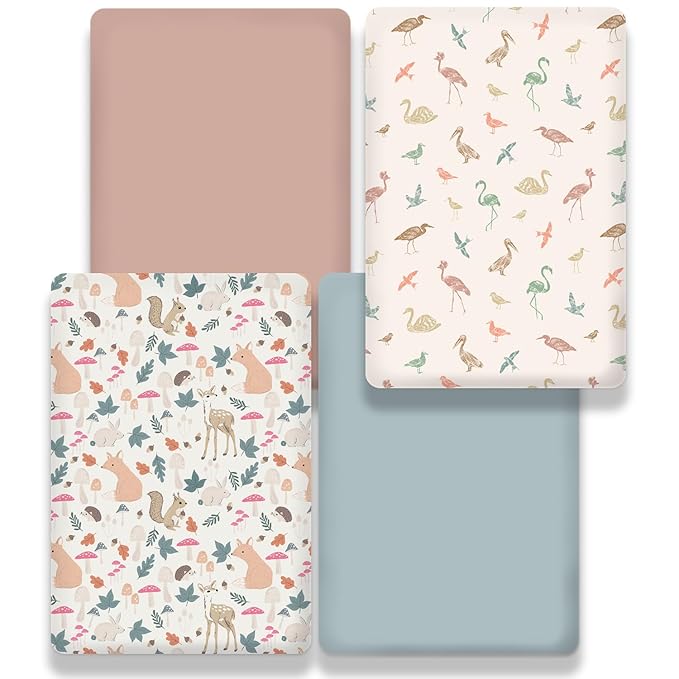 Bimocosy Mini Crib Sheets,Pack and Play Sheets for Baby Girl Boy 4 Pack,Size 38"x 26" for Playard Mattress,Portable Mini Crib,Soft Pack N Play Sheets Fitted,Wetland Birds/Squirrel/Mauve/Fog Blue
