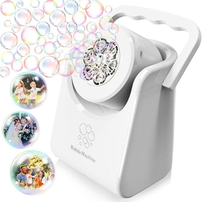 Bubble Machine Automatic Bubble Blower for Kids Batteries Operated Portable Bubble Maker Electric Bubble Machine Adjust Angle by 90° Indoor Outdoor Toy for Birthday Party Wedding (Portable White)