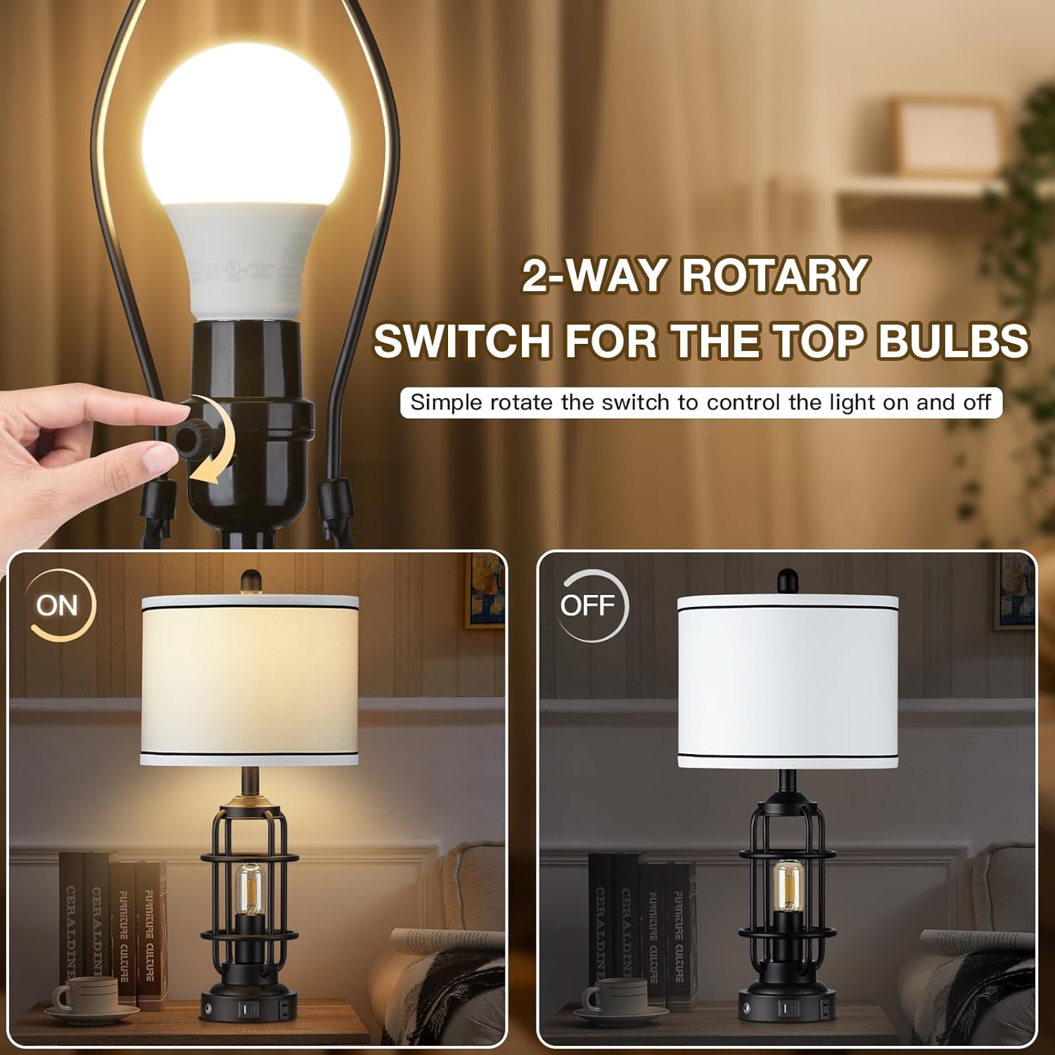 Modern Table Lamps Set of 2, Industrial 3-Way Dimmable Bedside Lamp with USB A+C Ports & AC Outlet, 25" Touch Control Nightstand Lamp LED Night Light for Living Room Bedroom Home(4 Bulbs Included)