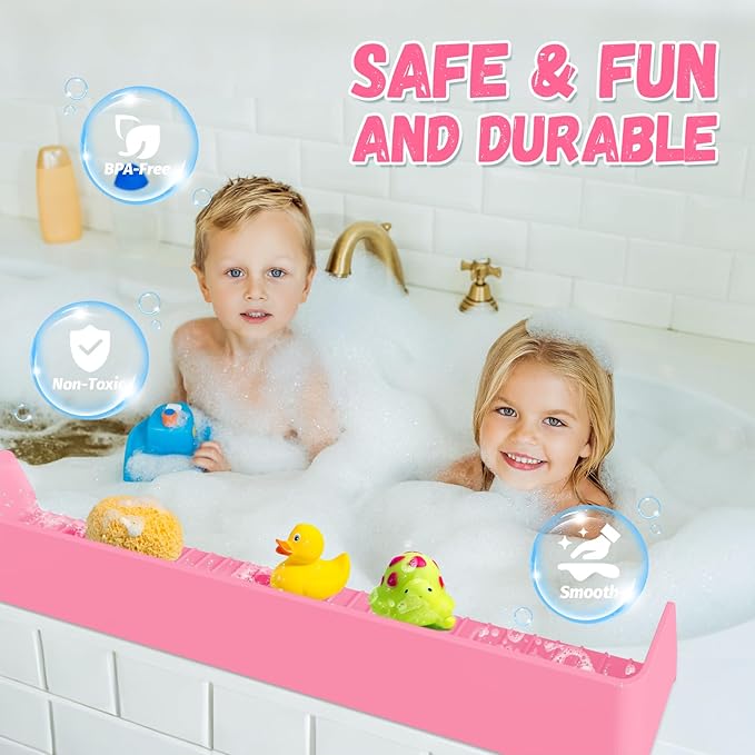 Splash Guard for Bathtub Kids - Silicone Bathtub Splash Guard with 11 Suction Cups, Bath Tub Play Shelf for Kids & Toy Holder, Prevent Water Spill in Bathroom, Fun Bath Time for Toddlers Baby, Pink