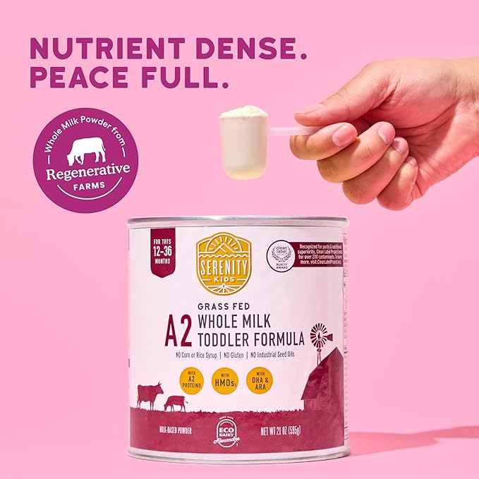 Serenity Kids Organic Toddler Formula Powder - Grass Fed A2 Whole Milk Powder - Prebiotics & DHA for Growth - Clean Label Project Purity Award Certified - 21 Oz, 6 Pack