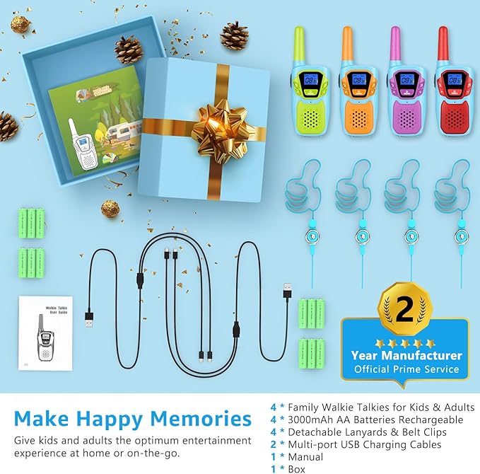 Walkie Talkies for Kids Adults Long Range Rechargeable 4 Pack Drop-resistant FRS 2 Way Radio 4 Miles with Lanyard Battery NOAA USB, Family Toy for 3-12 Year Old Boy Girl Toddler Camping Skiing