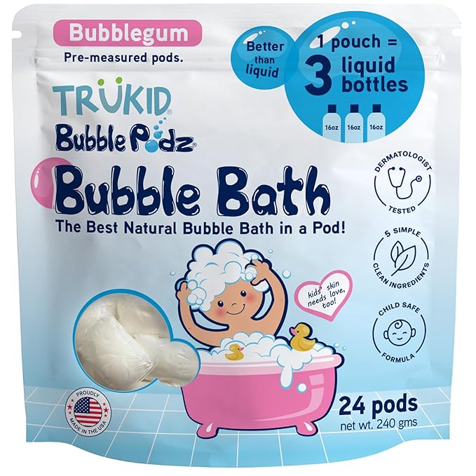 TruKid Bubble Podz Bubble Bath for Kids, Toddlers, & Babies, Tear Free Gentle & Refreshing Bath Bomb for Sensitive Skin with Natural Moisturizers, Non-Toxic, pH Balanced, Bubble Gum Scent (24 Podz)