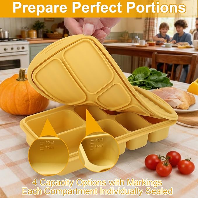 Palksky Silicone Freezer Tray with Lid, Silicone Freezer molds Dual-Size (30/40ml & 70/90ml) Leakproof Individual Seal Rings for Puree, Breast Milk & Homemade Meals (Blue Green Yellow)