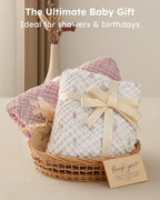 Yoofoss Hooded Baby Towels for Newborn 2 Pack 100% Muslin Organic Cotton Baby Bath Towel with Hood for Babies, Infant, Toddler and Kids,37.5"x37.5", Soft and Absorbent Newborn Essential,Pink&WhiteLeaf