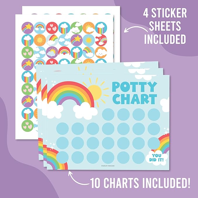 Hadley Designs Potty Training Chart for Toddlers Boys -10 Sticker Potty Chart for Toddlers Girls, 8.5x11" Potty Training Sticker Charts for Toilet Success, Rainbow Toddler Reward Chart for Kids