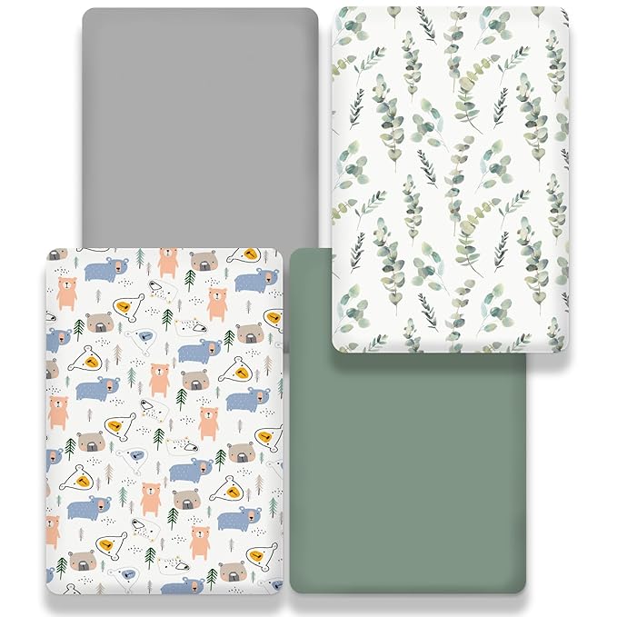 bimocosy Mini Crib Sheets,Pack and Play Sheets for Baby Boy Girl 4 Pack,Size 38"x 26" for Playard Mattress,Portable Mini Crib,Soft Pack N Play Sheets Fitted,Leaf/Bear/Gray/Green