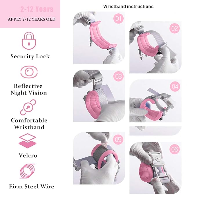 Toddler Harness Walking Leash- Child Anti Lost Wrist Link - Child Safety Harness - Upgrade with Reflective(6.5ft) - for Boys and Girls,Not Easy to Open Without Key (Light Pink)