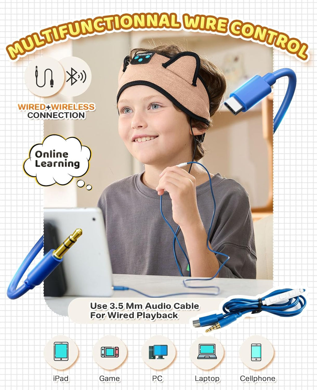 KIDSBAND Kids Headphones, Over On The Ear Toddler/Baby Headband Headphones - Volume Limited with Thin Speakers & Soft Headband No Pressure On Ears, for Learning/Plane/Travel/Tablet/Computer/Sleep